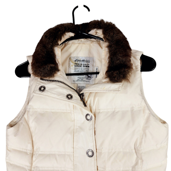 Eddie Bauer Women XS Goose Down Puffer Vest 700 Cream Faux Fur Full Zip Snap - Picture 11 of 16